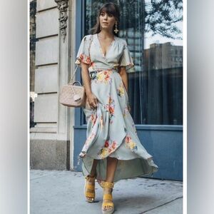 Privacy please krause wrap midi tropical floral print dress pink green yellow